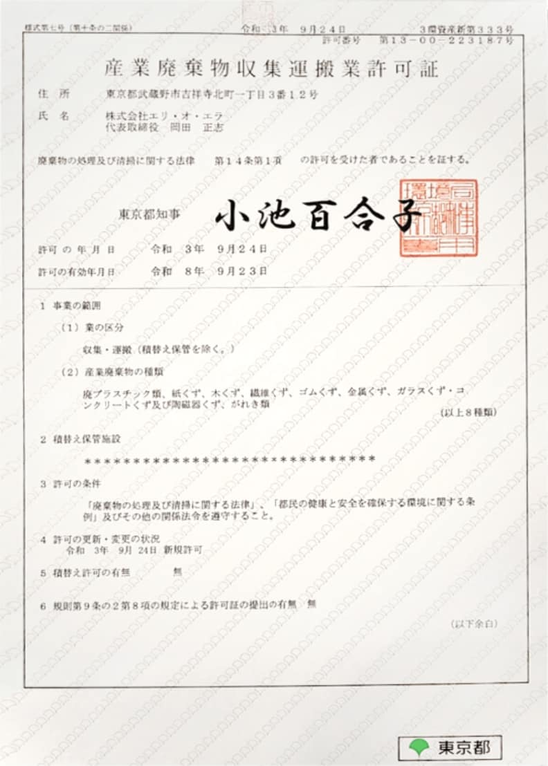 産業廃棄物収集運搬業許可証